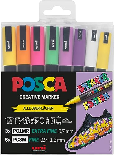POSCA 186828 - POSCA Marker Set Sneaker Stifte, 8er Etui, deckend auf dunklen Oberflächen