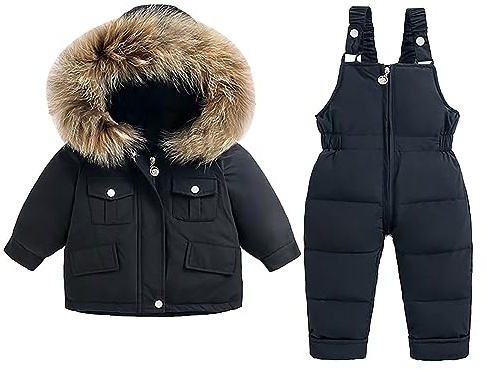 OBiQuzz Tuta da neve tinta unita per bambini in inverno per ragazze e ragazzi, salopette e giacca con cappuccio con cerniera, Nero , 4-5 Anni