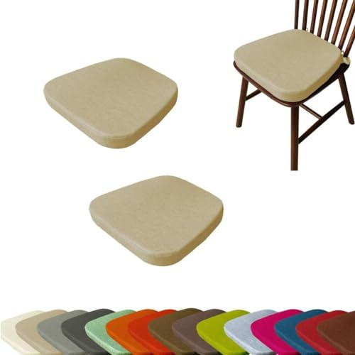 Set of 2 Chair Cushion with Ties, Non Slip Seat Pads, Seat Cushions for Dining Chairs 40x38x33x5cm, Memory Foam Garden Chair Cushions- Natural Linen, 2
