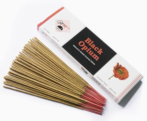 Giftbrit - Bastoncini di incenso naturale e di erbe all'oppio nero, 100 bastoncini con porta incenso, per meditazione, yoga, chiesa, relax, guarigione e positività