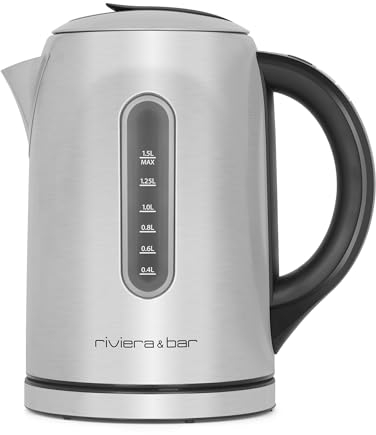 riviera&bar - Bouilloire à Température Réglable BBT460 LOUNA - Inox Satiné, Écran Rétroéclairé, Socle Pivotant à 360°, Anti Surchauffe - 1,5L, 22x24x15 cm
