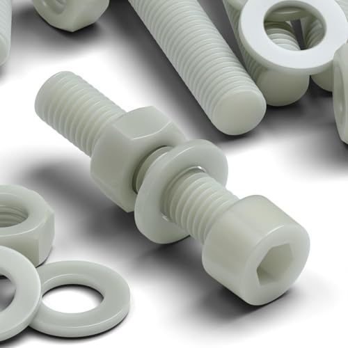 20x vis CHC en nylon GF naturel M8 x 40mm, écrous & rondelles | Vis renforcées de fibres de verre, plus rigides, résistantes à la corrosion et non magnétiques, à six pans creux