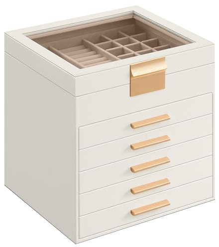 SONGMICS Schmuckkästchen, Schmuckkasten 6 Ebenen, Schmuckbox mit Glasdeckel, 5 Schubladen, Schmuckaufbewahrung, Stauraum, modern, Geschenkidee, 20,3 x 23,1 x 22,8 cm, wolkenweiß-golden JBC176W01