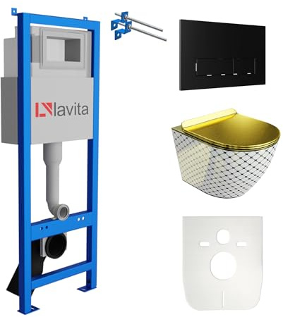 Lavita LAV 101 Vorwandelement für WC 40cm + Wand Hänge Tiefspül WC SOFI SLIM CHECKED GOLD Spülrandlos + Bedienplatte LAV 200.3.4 Schwarz | Komplettset | Unterputz Spülkasten | Toilette Komplett Sett