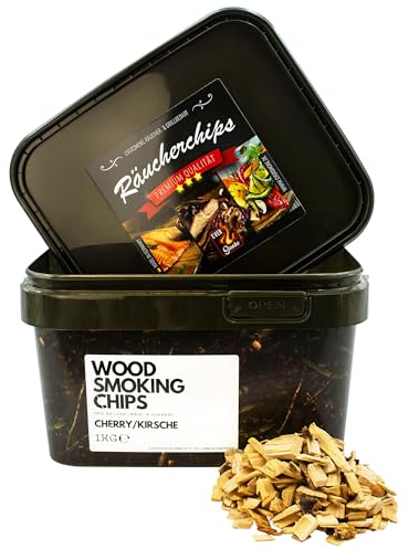 EVERSMOKE® Premium BBQ Räucherchips im praktischen Eimer - 4 versch. Sorten für bestes Raucharoma - besonders rauchaktives Räucherholz - Räucherschnitzel (Cherry/Kirsche)