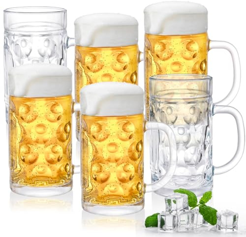 Yesland 6 Pack Beer Mug with Handle, 20 oz Glass Beer Stein Mugs for Freezer Large Heavy-Duty Beer Cups Drinking Glassware Pub for Bar, Alcohol, Beverages, Men, Clear