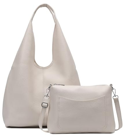 Damen Tasche XXL Set 2in1 Shopper Hobo Bag Schultertasche Cross Over Body Bag Umhängetasche Beuteltasche Handtasche Leder Optik Beige V2