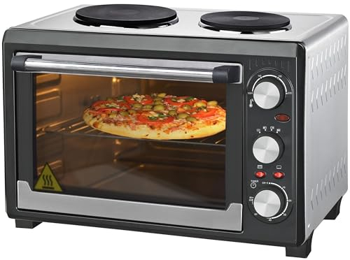 Syntrox 26 l Minibackofen 2 Kochplatten Etass | Kleinküche | Miniofen | Pizzaofen, für kleine Küchen, mit Timer, inklusive Zubehör, Platzsparend, Miniherd