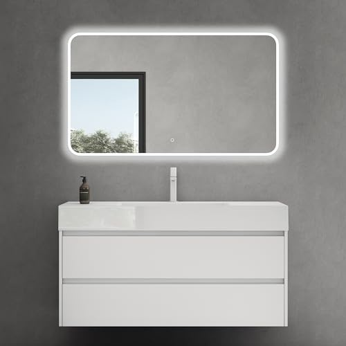 doporro Mobile Bagno Sospeso Set Mobili con Lavabo Integrato e Specchio LED, Mobile Sottolavabo 120 cm Bianco Opaco, Include Lavandino Bianco in Marmoresina e 2 Cassetti Soft Close Serie Deep