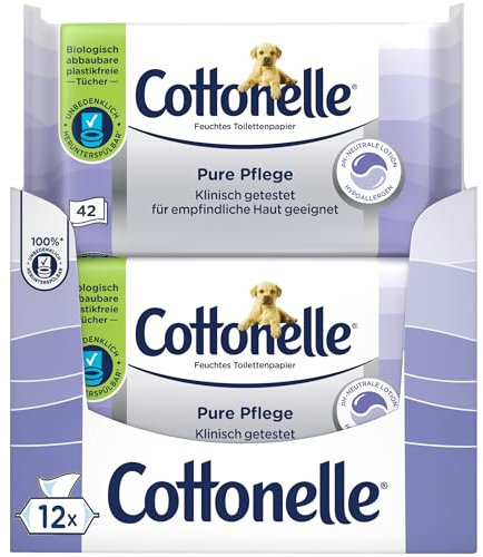 Cottonelle Feuchtes Toilettenpapier Pure Pflege, ultra-sensitive, 99% Wasser, 12 x 42 Tücher, parfümfrei & hypoallergen