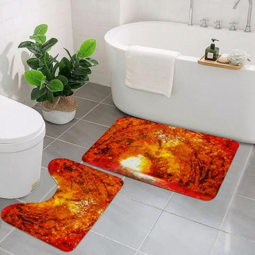 EYLOZS Badezimmerteppich Set 2 Teilig Waschbar rutschfeste Badematte Toilettenmatte Weich Saugfähige Badteppiche,Herbstlandschaft orange bemaltes Spachtel.