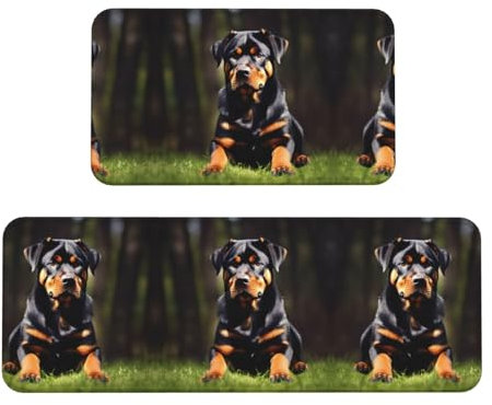 YQxwJL Rottweiler Tapetendruck-Küchenteppich, rutschfeste Küchenmatte, 2er-Set, bequeme Stehmatten für Küche, Büro