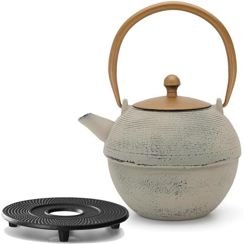 Juego de tetera de hierro fundido para inducción, 1,2 litros, color gris, filtro de té asiático y de acero inoxidable, para té suelto y posavasos