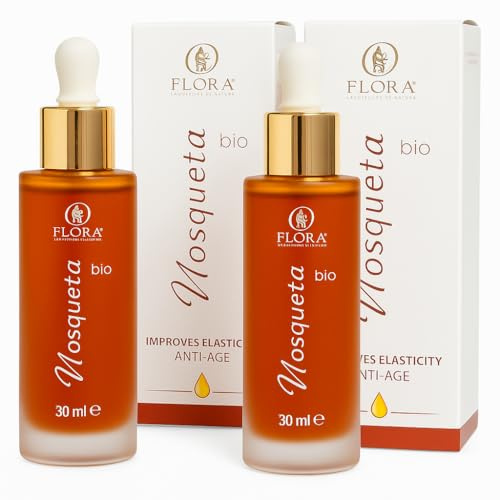 FLORA Olio di Rosa Mosqueta BIO pack da 2 Pz da 30 ml 100 % Puro, Spremitura a Freddo, Elisir Anti‑Età Elasticizzante per Viso •Corpo, Ricco di Vitamina A & E e Omega 3‑6‑9, Riduce Cicatrici e Macchie