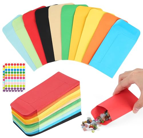 100 stycken sammetspåsar, 8,9 x 5,6 cm papperspåsar små, färgglada godispåsar med klistermärken, godisbarpåsar för födelsedagsfester, bröllopsfester
