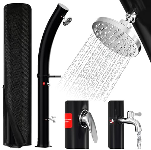 Eulenke Douche solaire arquée 35 l max. 60 °C avec capot de protection, pommeau de douche 360° et robinet, raccord tuyau d'arrosage, douche de camping, douche de piscine