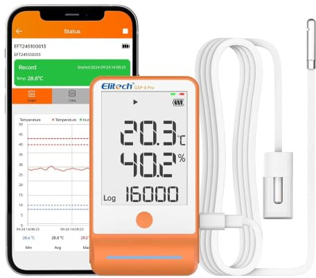 Elitech GSP-6Pro-GLE+THE Bluetooth Temperatur und Feuchtelogger mit zwei externen Sensoren Messbereich -40°C bis 85°C 0-100% rF 100000 Datenpunkte IP64, Kalibrierzertifikat