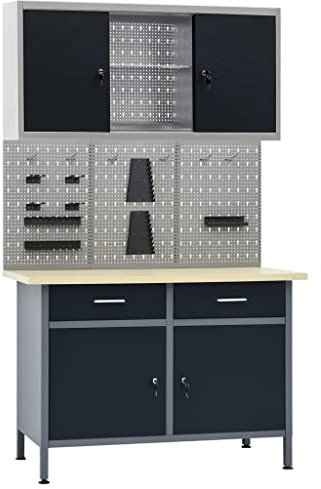 Werkbank mit 3 Werkzeugwänden und 1 Wandschrank, Arbeitstisch, 500 kg Tragkraft, Hobelbank, Montagetisch für Garage, Werkstatt und Schuppen, 120 x 60 x 85 cm