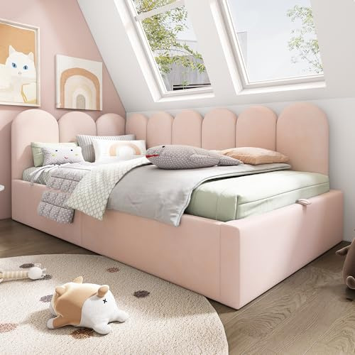 Luxeza Polsterbett Daybett,Tagesbett Schlafsofa mit hydraulischem Stauraum, Kinderbett mit Metall-Lattenrost, Samt, (ohne Matratze) (Rosa, 90x200 cm)