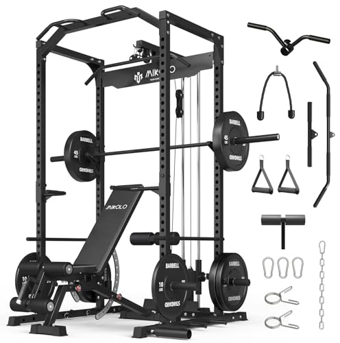 Mikolo F4 2.0 Power Cage with Dual-Track Smooth Pulley System, 1200LBS Power Rack with Leg Hold-Down for Heavy LAT Pulldowns, Home Gym Package with 230lb Weight Plate (Black)