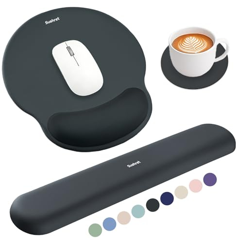 Sushret Mauspad & Tastatur Handballenauflage Set, Memory-Schaum + Gelkissen | 3-in-1 Ergonomisches Handgelenkstützen-Set, rutschfest & Slow-Rebound, Mousepad mit Handauflage, Büro & Gaming，Anthrazit