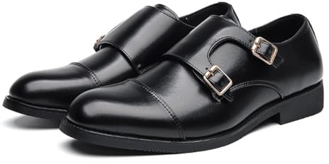 LMUIPMAA Hommes Double Monk Boucle Cap Toe Affaires Mocassins Casual Confort Cuir Pull-on Chaussures Habillées Formelles,Noir,45 EU