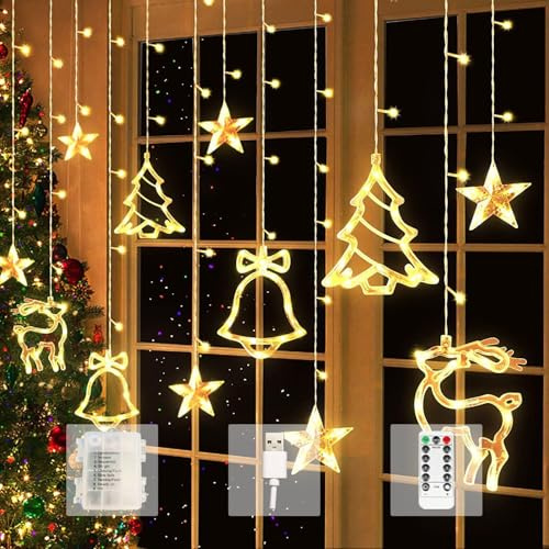 Aluusy Cortina de Luces Navidad, 3.5M Luces de Cortina Batería+USB Función Timer, 8 Modos Estrella de Navidad, Guirnaldas Interior Exterior con Control Remoto para Balcón Ventana Año Nuevo