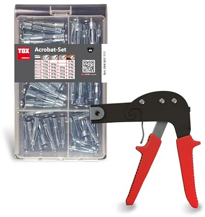 TOX Dübelsortiment Acrobat Set (60-tlg.) + Montagezange Acrobat Speed Plus für alle Größen, Metall-Hohlraumdübel Acrobat in 6 Größen mit Schraube + Zange, für Gipskartonplatten, 094909140