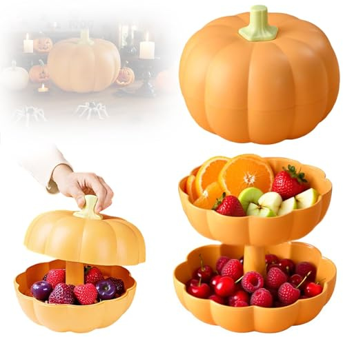 Gonggi 2PC Pumpkin Fruit Bowl with Lid, Double Layer Pumpkin Snack Holder and Tray with Toothpick Storage, Multifunctional Pumpkins Serving Bowls, Halloween Table Decorations & Ornament