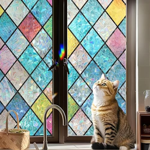 Xiuyer Stained Glass Window Film, 45 * 200 Window Film Privacy, Rainbow Privacy Window Films,Rainbow Stickers,Decorative Coverings Decals Lattice Static Cling UV Blocking for Home Office(Multicolor)