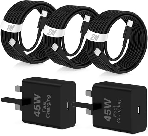 45W Samsung Super Fast Charger USB C,2 Pack Samsung USB C Plug UK with 2M+2M+1M Type C Cable Fast Charging for Samsung Galaxy S25 Ultra S24/S23/S22/S21/S20/A55/A54/A15/A14,Android,for iPhone 17