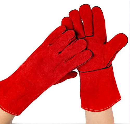 Uadme Gants de Soudage en Cuir Résistant à la Chaleur et au Feu, 35cm Gant Protection Chaleur, pour Cheminées, Barbecue, Soudure (Rouge)