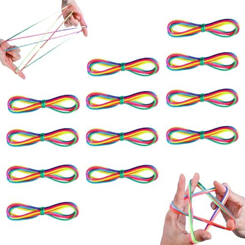 beejune 12 Stück Fadenspiele Für Kinder, Fingertwist, Finger Twist, für Kinder, Finger Gummiband Spiel, Fadenfingerspiele,Mitgebsel Kindergeburtstag Junge Mädchen(Regenbogen 1.6m)