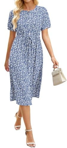 AUSELILY Vestido de mujer Midi de verano de manga corta vestidos de trapecio casual con cuello redondo y cordón vestido de camisa abotonada