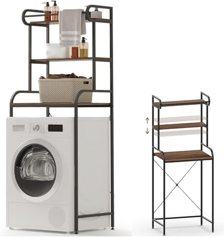 HAUSPROFI Regal Waschmaschine, Regal über Waschmaschin, Waschmaschinenregal mit Kleiderstange, Verstellbare Trennwände und Füße, Abgerundete Ecken, Metall Holzwerkstoff, 70L x 50B x 180H cm (Schwarz)
