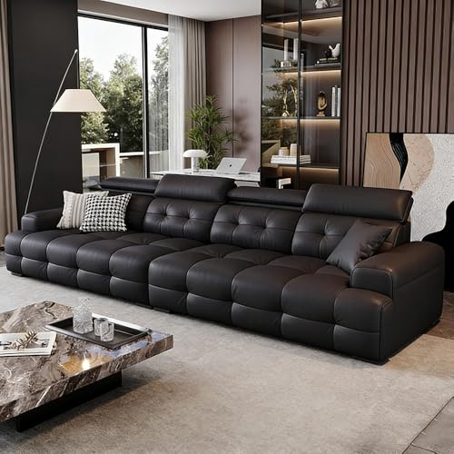 Italiensk lyxig modern enkel svart lädersoffa, massiv träram, rymlig och mjuk soffa, modern stor storlek, lämplig för vardagsrum/kontor/lägenhet.