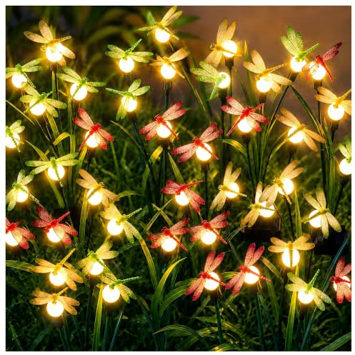 DooYard Luci solari da giardino, 4 pezzi, a forma di libellula oscillante nel vento, luci solari per esterni, cortile, patio, decorazione per sentieri, alta flessibilità, filo di ferro e libellula