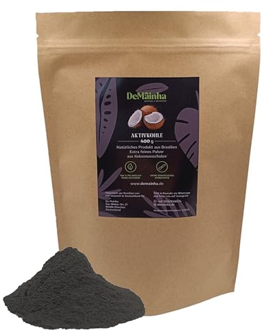 DeMainha® Premium Carbón Activo en polvo 400 g – 100% vegetal de cáscara de coco de Brasil ideal para desintoxicar, purificar, cuidar los dientes y mascarilla facial
