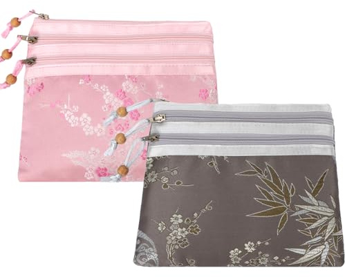 kilofly Chinese Silk Brocade 3 Zipper Pockets Jewelry Pouch Bag, 7 inch, Set2 B