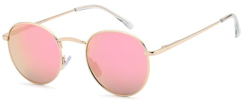 styleBREAKER Occhiali da sole unisex in forma Panto con lenti piatte rotonde e montatura in metallo con cerniera a molla, bordo completo 09020077, Montatura Oro/Vetro Rosa munito di specchi