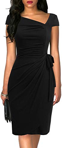Women's Vintage Cap Sleeves Asymmetrical Neckline Sheath Bodycon Casual Work Cocktail Party Pencil Faux Wrap Dresses (US, Alpha, Small, Regular, Regular, Black)