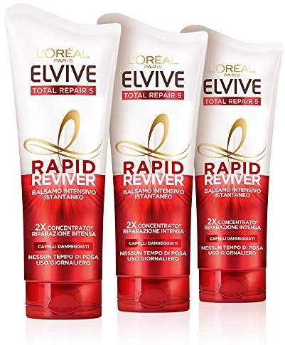 L'Oréal Paris Elvive Rapid Reviver Intensivbalsam Total Repair 5, angereichert mit Aminosäure und Vitamin E, für geschädigtes Haar, 3 x 180 ml