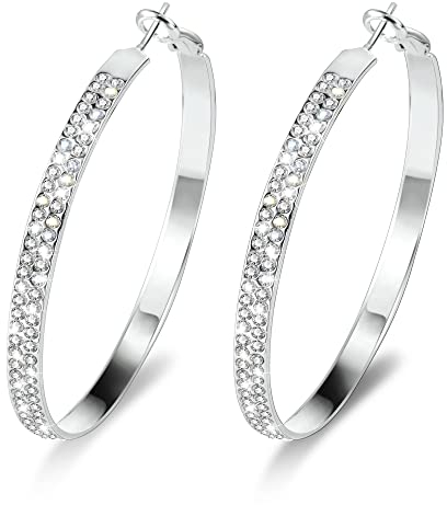 Ohrringe Creolen Große Damen, Silber Bling Creolen Große mit Zirkonia Diamant Strass Hypoallergen Ohrringe mit Sterling Silber 925 Stift Schmuck für Damen Frauen Mädchen