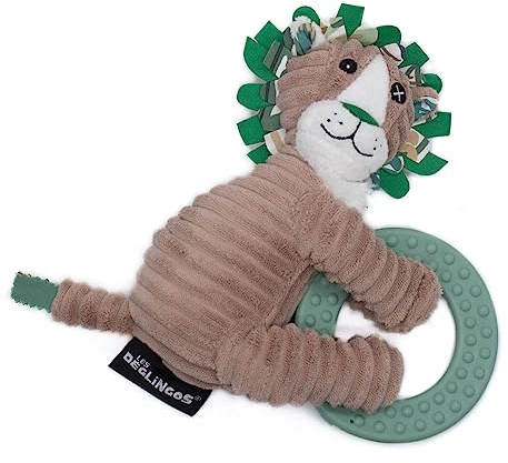 Les Déglingos Beißring für Babys – Jélékros der Löwe | Plüschtier Biche Baby | Spielzeug zum Kauen | recycelte Füllung