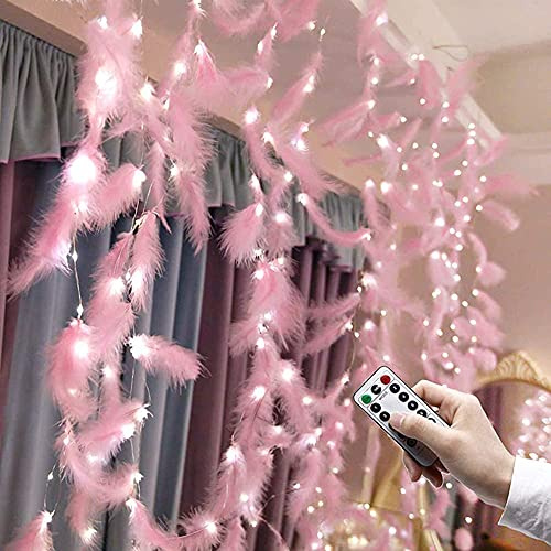 Uposao 300 LED Pink Feathers Fairy String Light Remote Control Romantic Wall Curtain Decoration 8 Light Modes Remote Control USB Light String Outdoor Indoor Party Bedroom Decoration