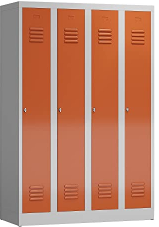 Lüllmann 4er Spind Spint komplett montiert Umkleide Stahl Spindschrank 180x118,5x50cm Gaderobenschrank (RAL 7035/3000 lichtgrau/feuerrot)