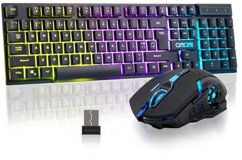 Teclado y mouse inalámbricos para juegos, con retroiluminación RGB, batería recargable | Sensación mecánica antighosting con botón lateral para PC, computadora portátil, compatible con Windows Mac PS4/PS5 Xbox One