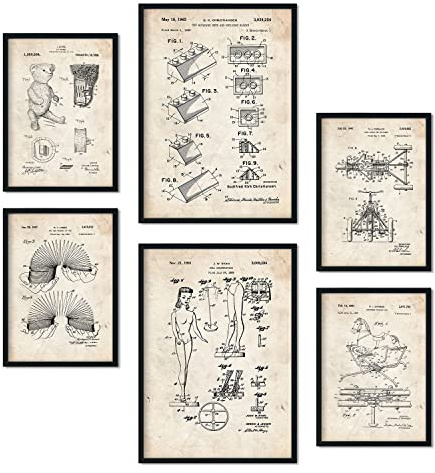 Nacnic Set von 6 Plakaten mit Spielzeuge Patenten. Plakate mit Retro-Patentabbildungen. Inneneinrichtung im Vintage-Stil. Grösse A4 und A3. Ohne Rahmen.