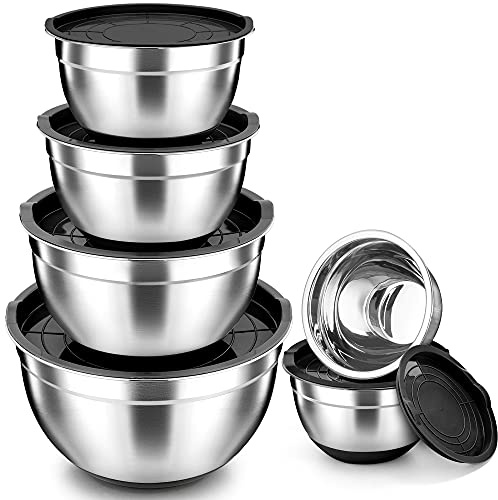 TEAMFAR Rührschüssel 6er Set, Edelstahl Salatschüssel mit Deckel, Schwarz