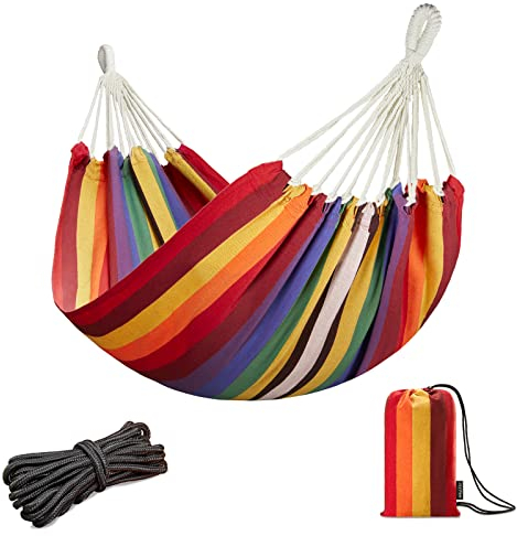 JoyView Brasilianische Hängematte für einzelne Preson, tragbare Hängematte mit Seilen zum Aufhängen und Tragetasche, groß, 200.2x100.1 cm, perfekt für den Außen- und Innenbereich, rote Streifen